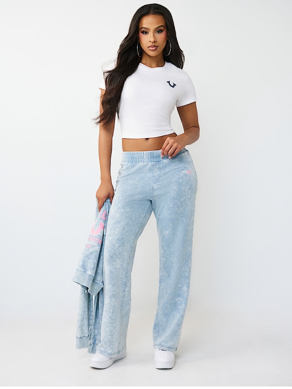 True Religion Wing Faux Denim Sweats Acid Wash Wide Leg Lounge Pants Size XL
